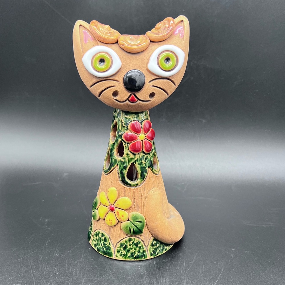 POTTERY CAT BELL Floral Whimsical Figurine Folk Art Ceramic 5” x 3” Green Eyes